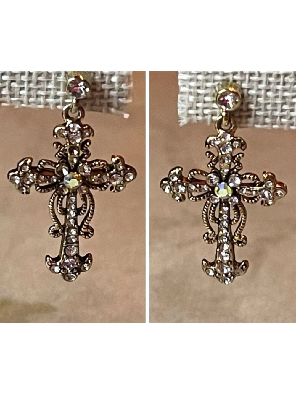 Vintage Gothic Filigree Openwork Rhinestone Cross Dangle Earrings